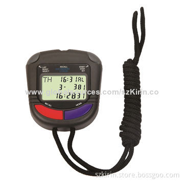 Digital stopwatch with hour/minutes/seconds/month/date, 100 recallable lap and split memories